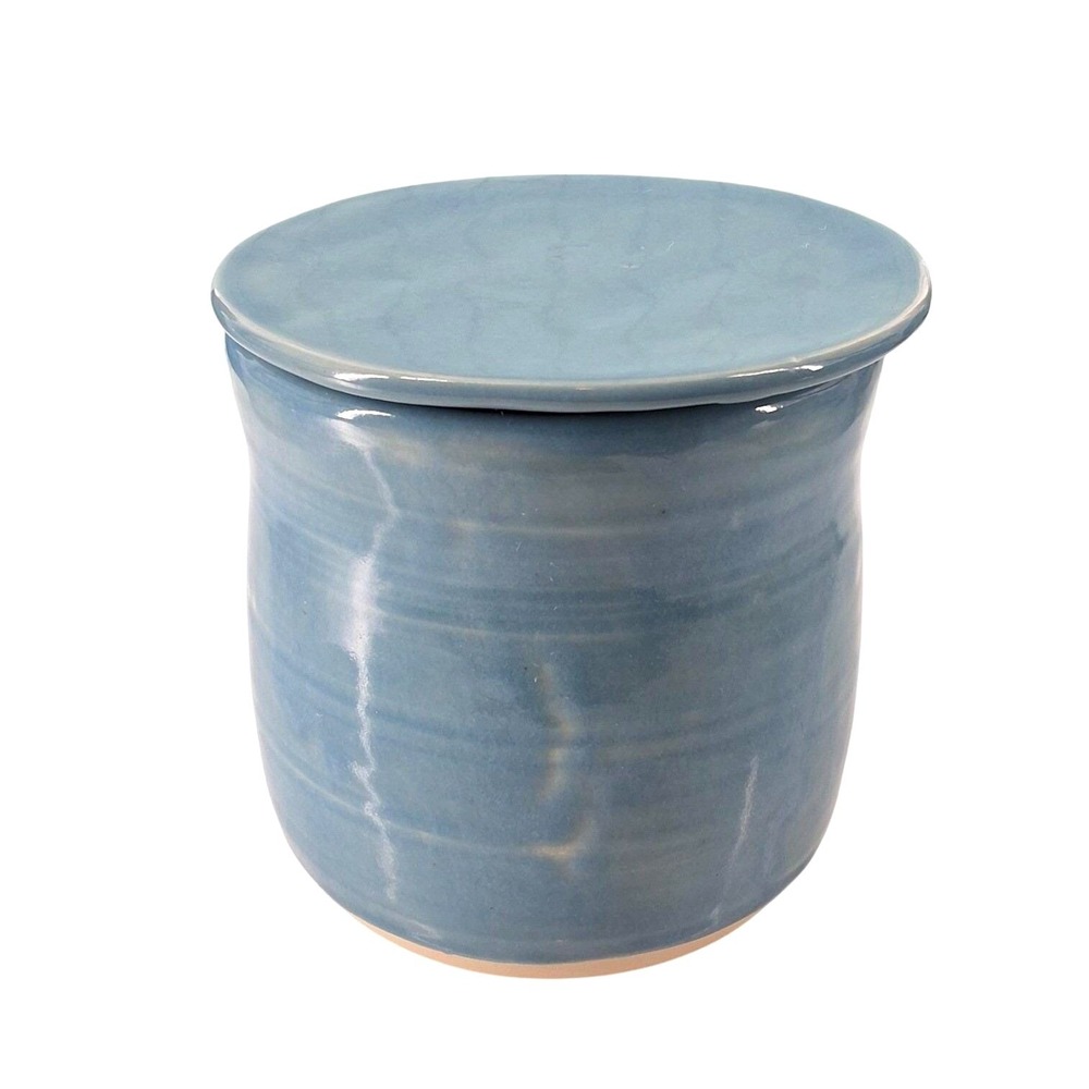 Blue Ceramic Studio Pottery French Butter Bell Crock Artisan Signed RM
